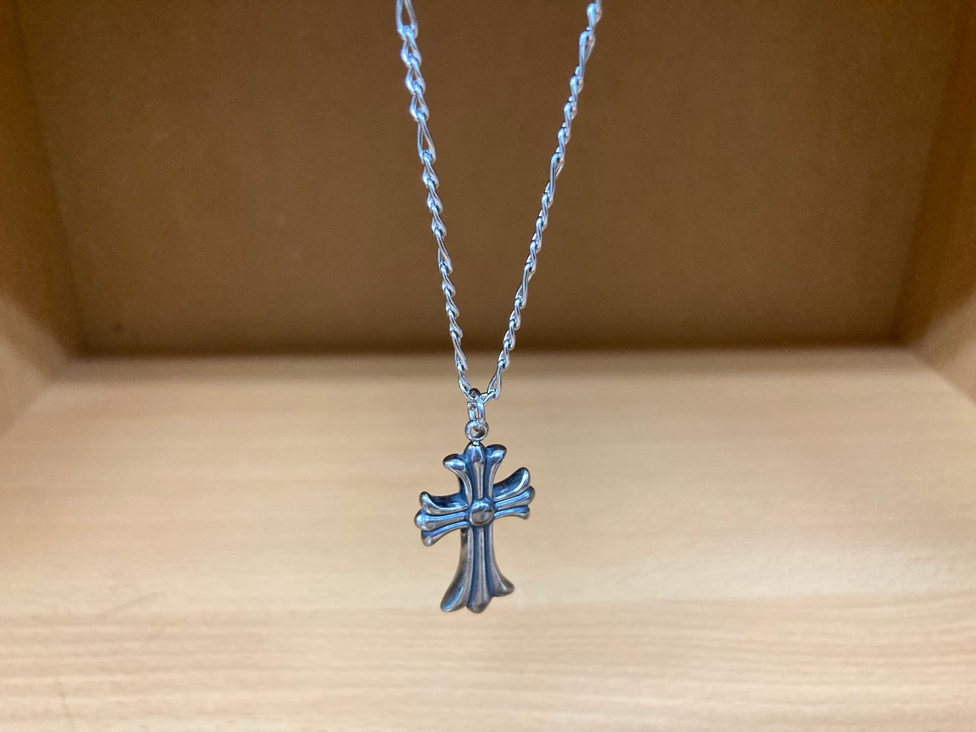 Tiny Treasures Seoul - Flared Cross Pendant Figaro Chain Necklace (Surgical Steel) Close up View 3