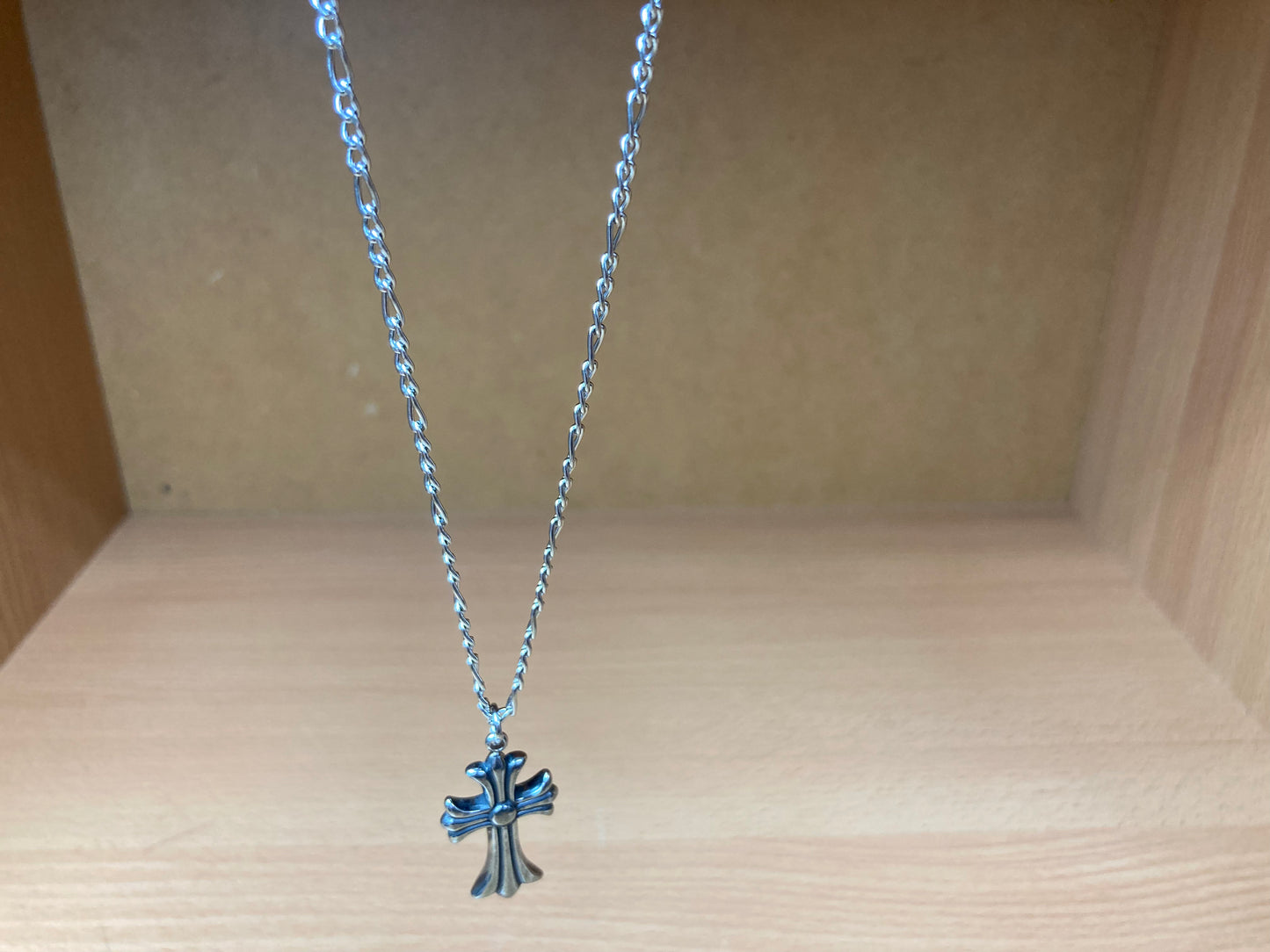 Tiny Treasures Seoul - Flared Cross Pendant Figaro Chain Necklace (Surgical Steel) Front View 4