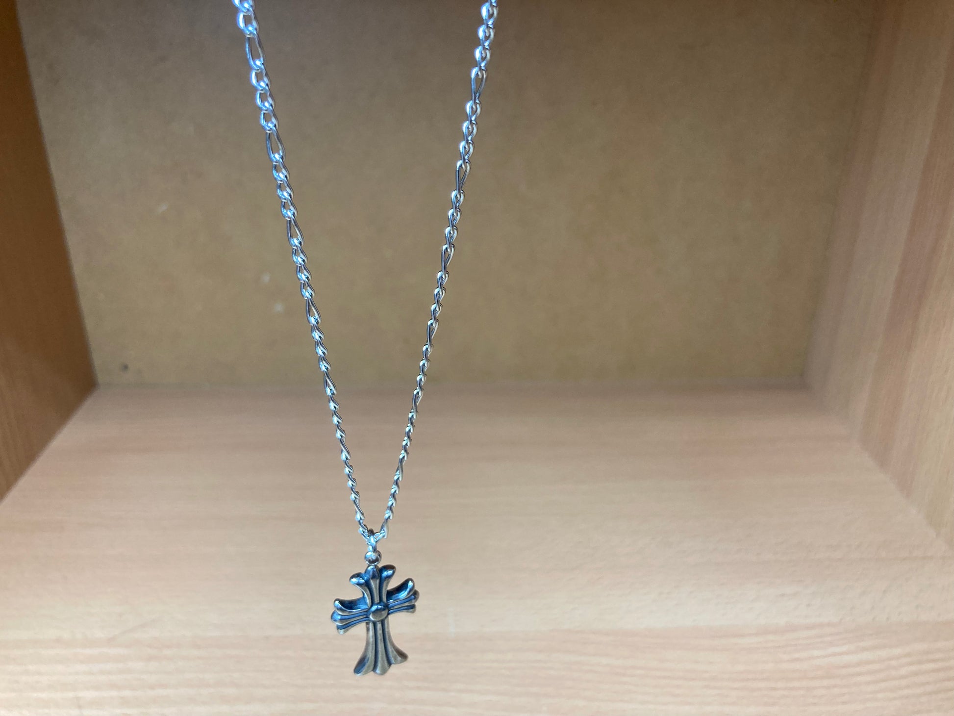Tiny Treasures Seoul - Flared Cross Pendant Figaro Chain Necklace (Surgical Steel) Front View 4
