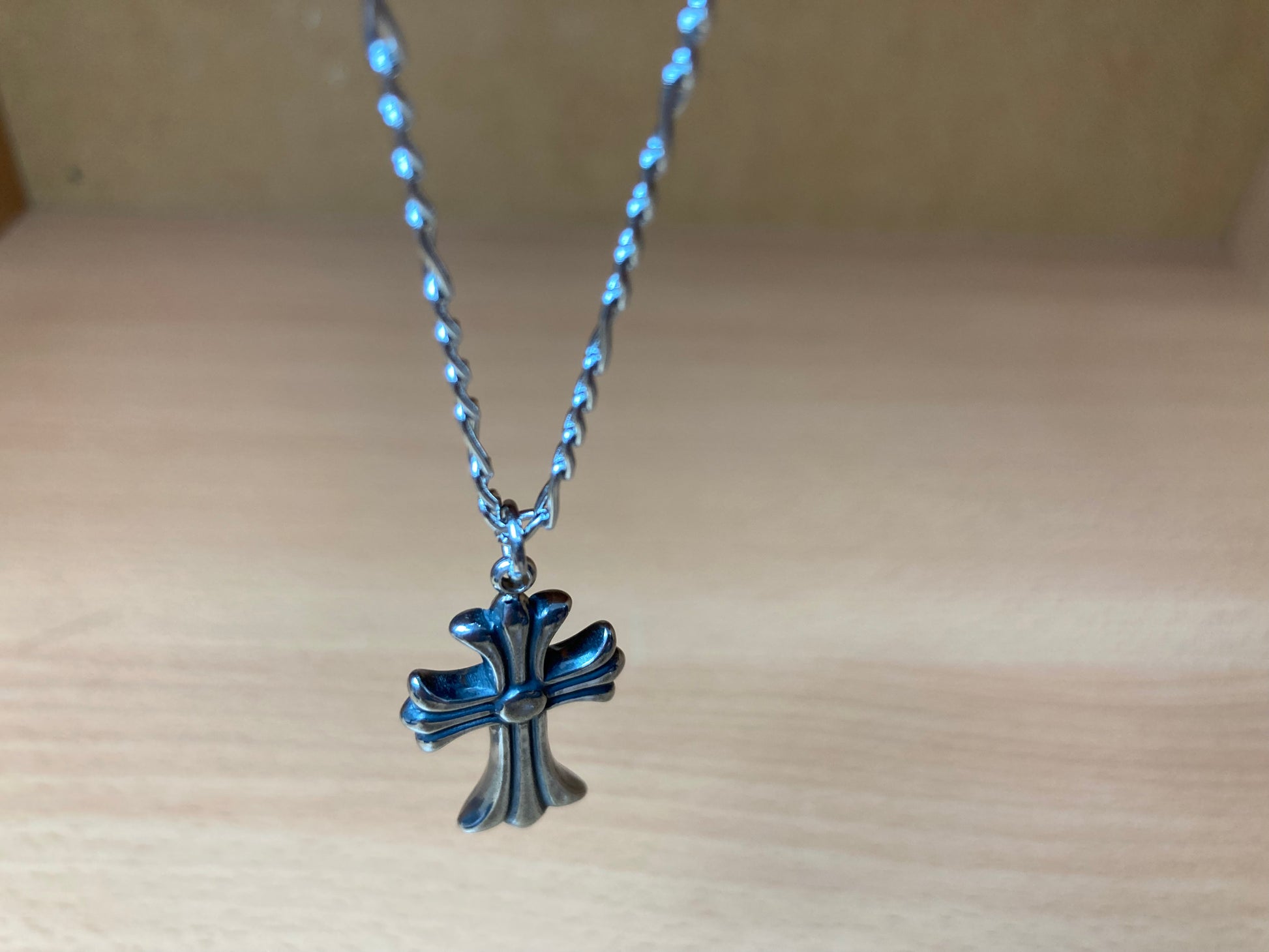 Tiny Treasures Seoul - Flared Cross Pendant Figaro Chain Necklace (Surgical Steel) Detail View