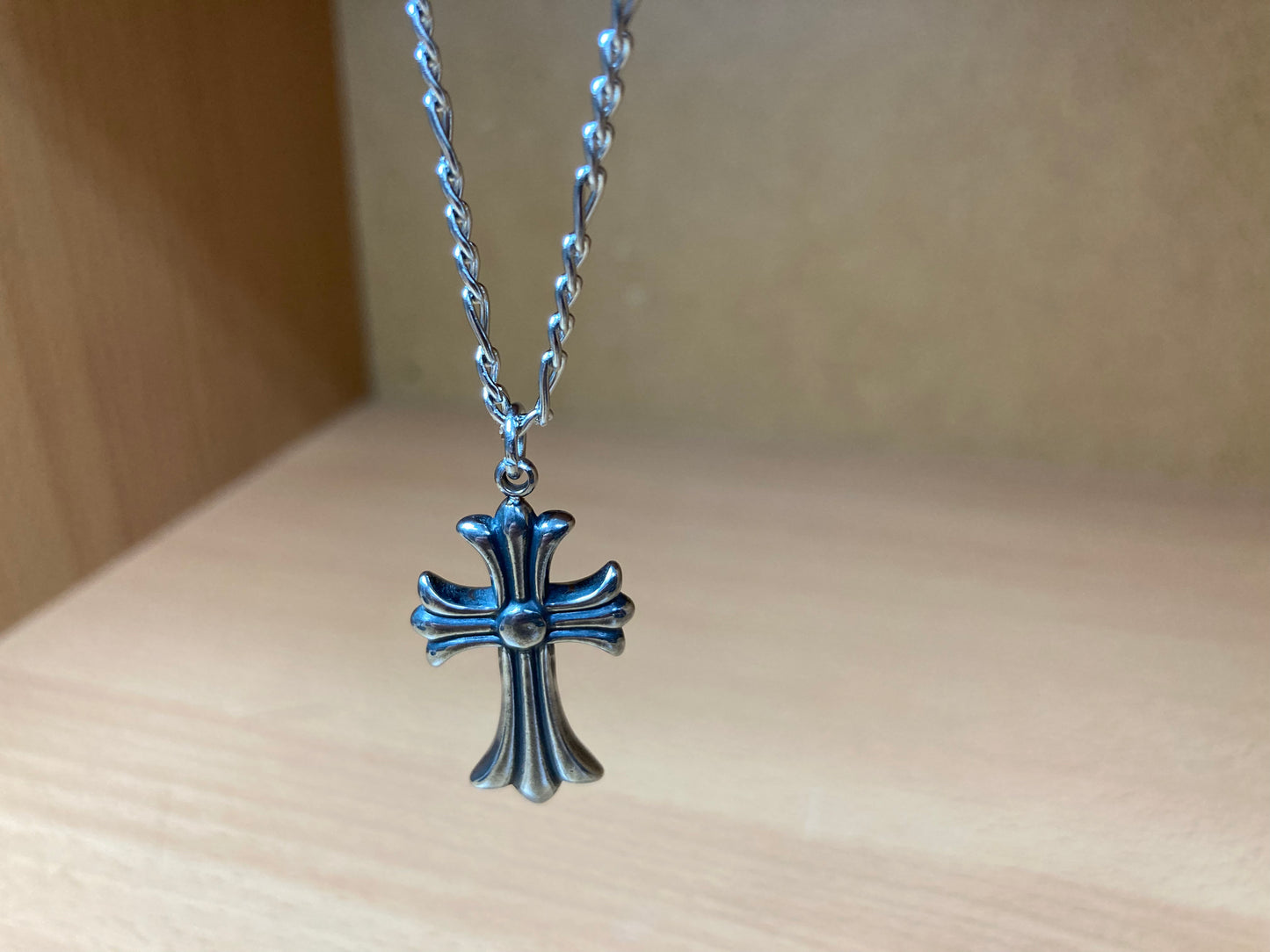 Tiny Treasures Seoul - Flared Cross Pendant Figaro Chain Necklace (Surgical Steel) Close up View 5