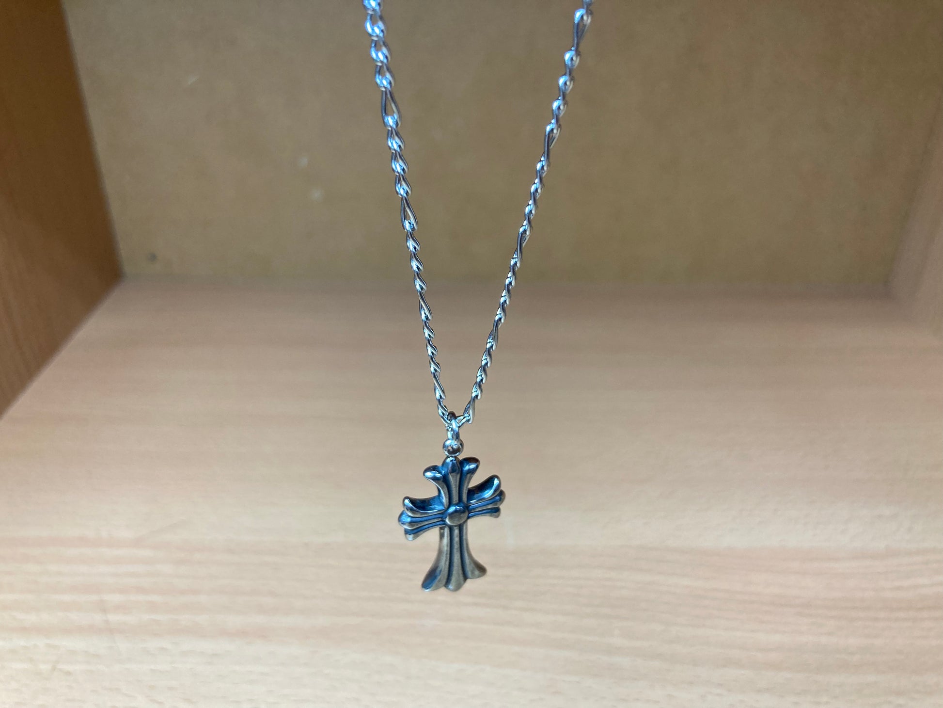 Tiny Treasures Seoul - Flared Cross Pendant Figaro Chain Necklace (Surgical Steel) Side View 2