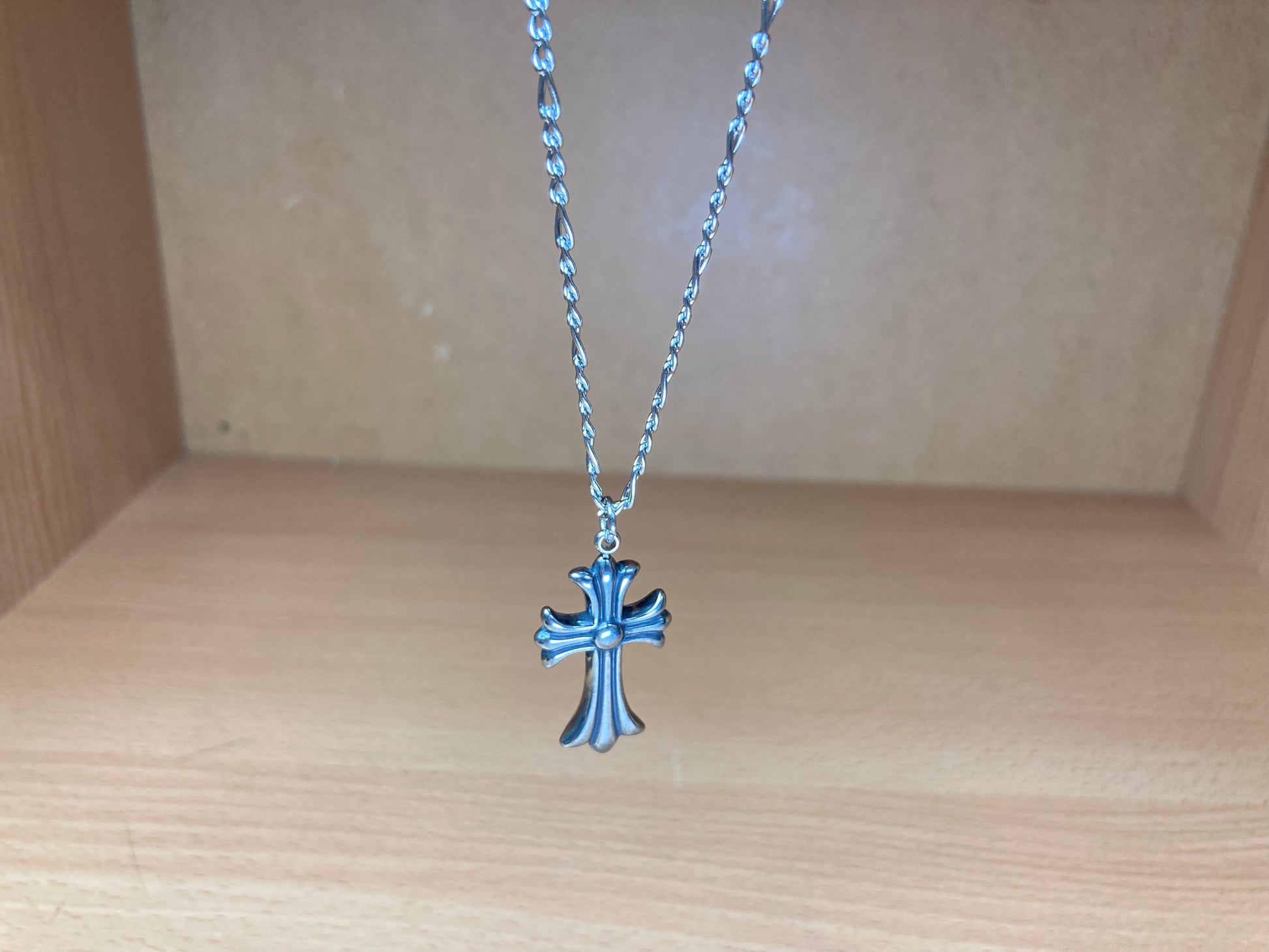 Tiny Treasures Seoul - Flared Cross Pendant Figaro Chain Necklace (Surgical Steel) Side View