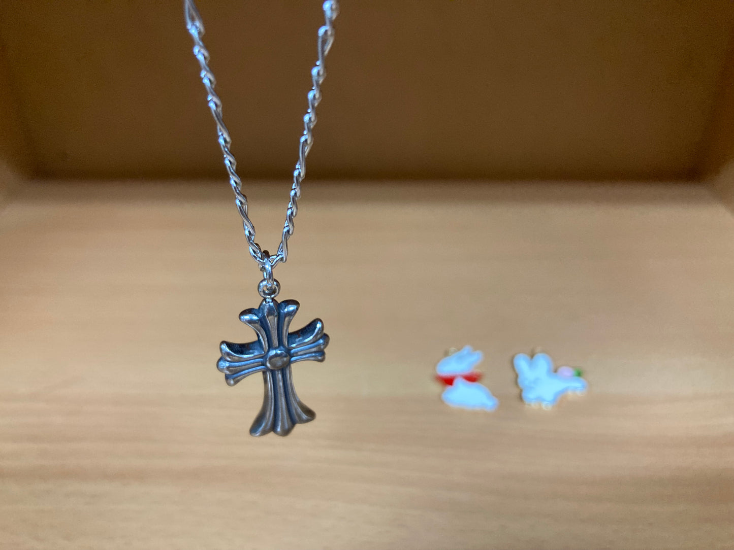 Tiny Treasures Seoul - Flared Cross Pendant Figaro Chain Necklace (Surgical Steel) Front View