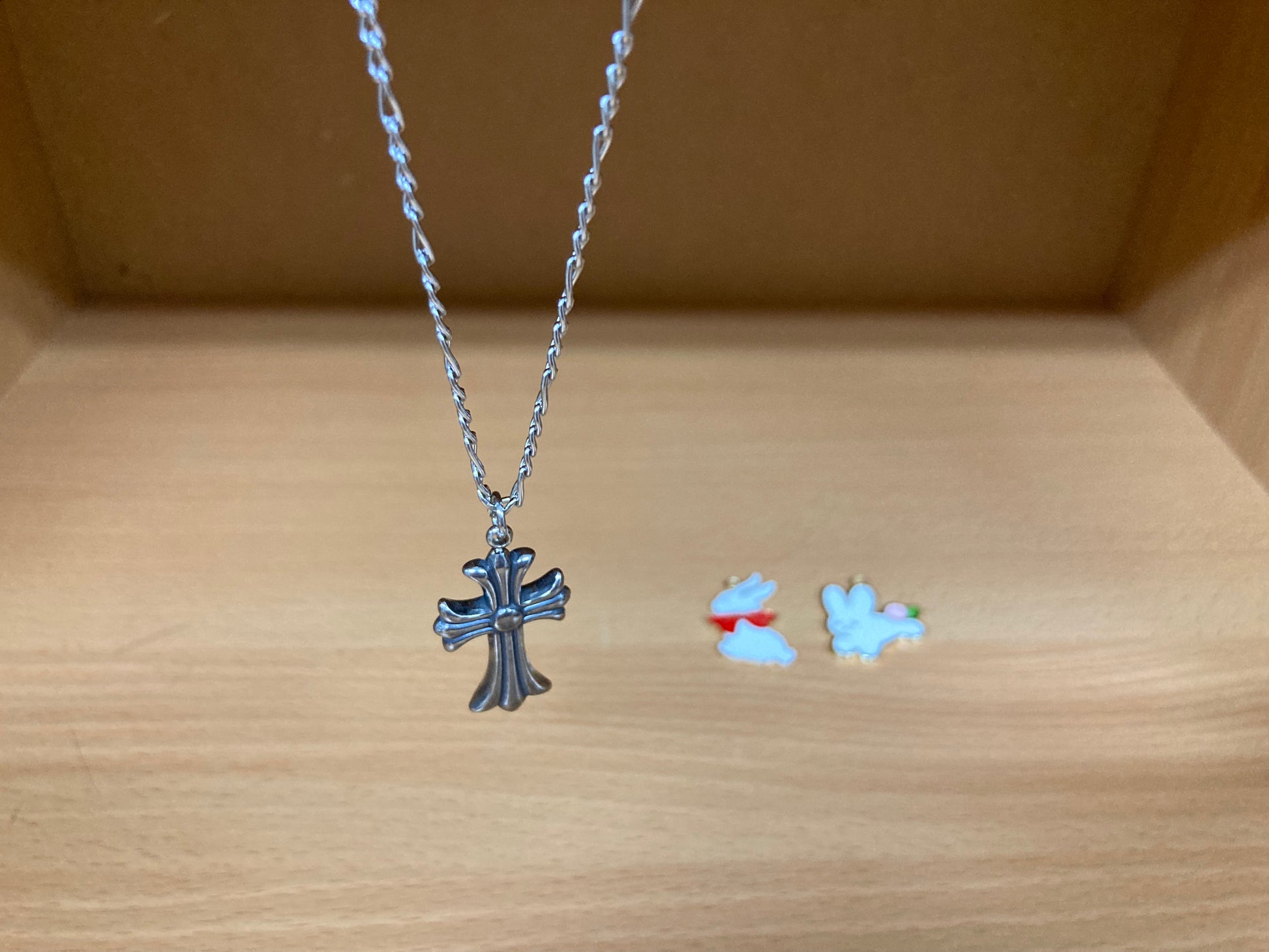 Tiny Treasures Seoul - Flared Cross Pendant Figaro Chain Necklace (Surgical Steel) Front View 2