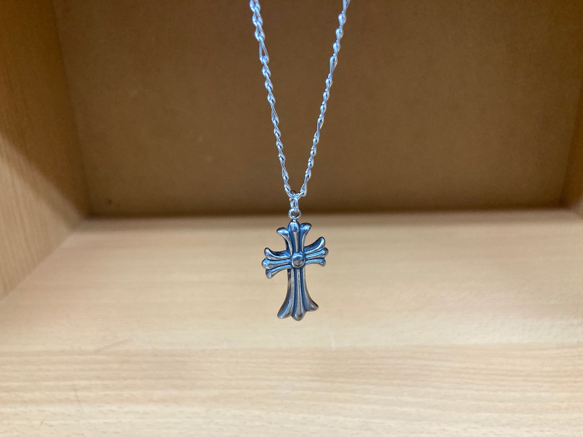 Tiny Treasures Seoul - Flared Cross Pendant Figaro Chain Necklace (Surgical Steel) Front View 3