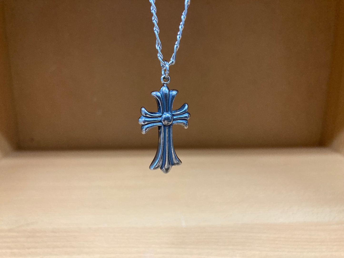 Tiny Treasures Seoul - Flared Cross Pendant Figaro Chain Necklace (Surgical Steel) Close up View