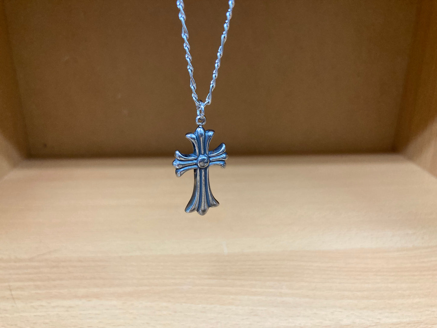 Tiny Treasures Seoul - Flared Cross Pendant Figaro Chain Necklace (Surgical Steel) Close up View 2