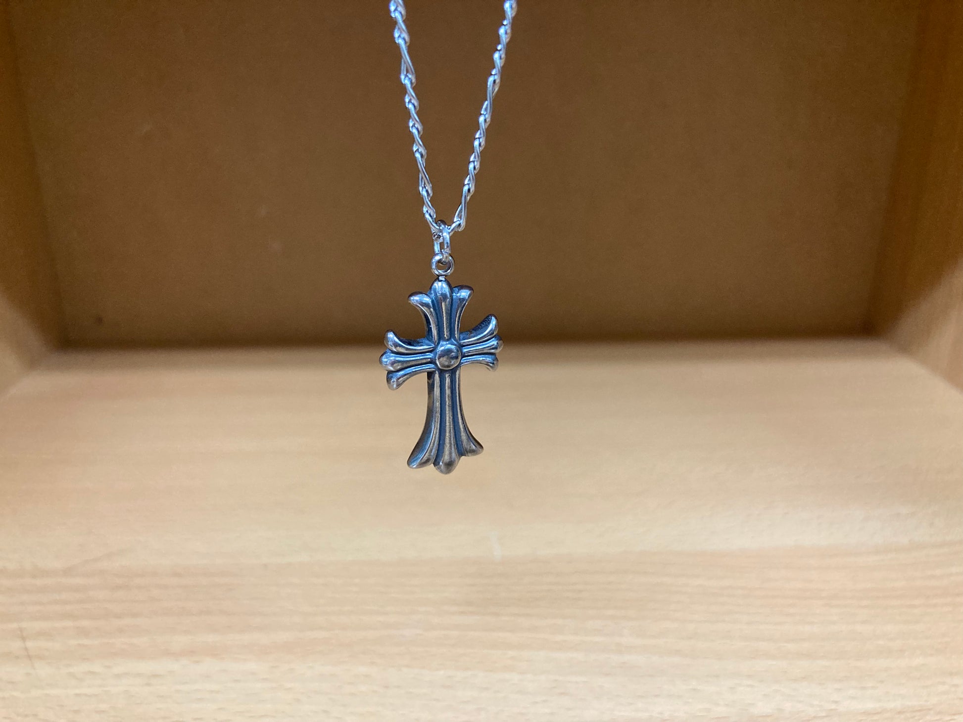 Tiny Treasures Seoul - Flared Cross Pendant Figaro Chain Necklace (Surgical Steel) Close up View 2