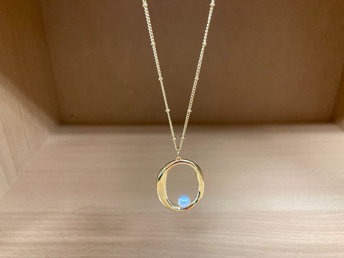 Tiny Treasures Seoul - Gold Oval Pendant Pearl Chain Necklace Close up View 5