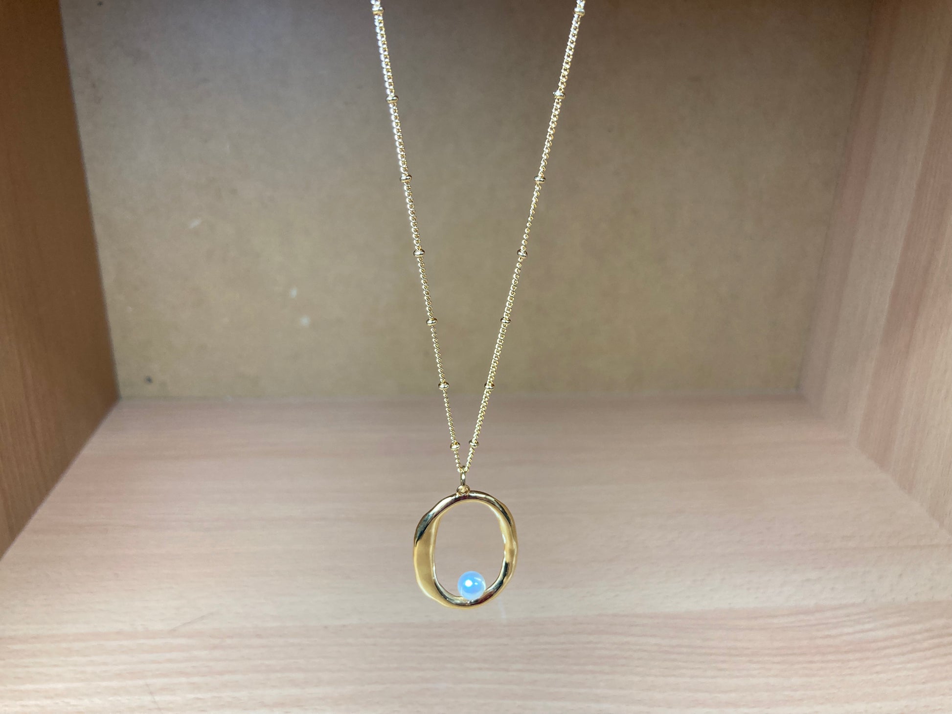 Tiny Treasures Seoul - Gold Oval Pendant Pearl Chain Necklace Front View