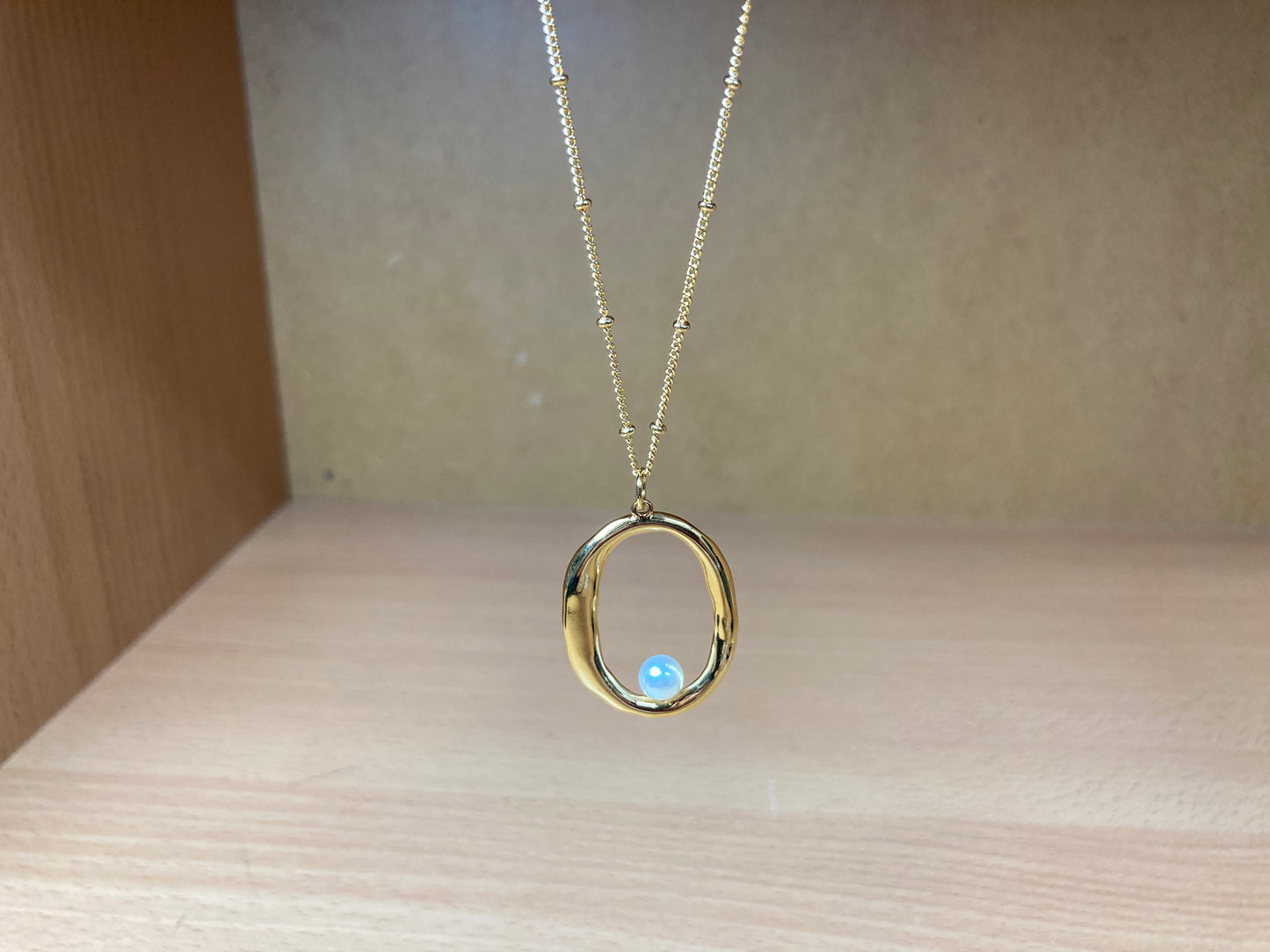 Tiny Treasures Seoul - Gold Oval Pendant Pearl Chain Necklace Close up View