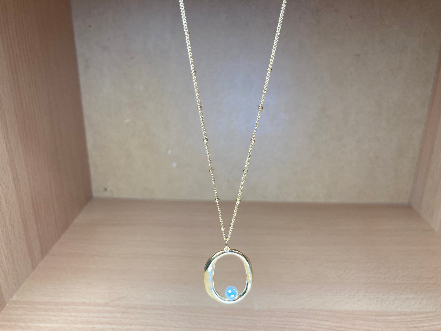 Tiny Treasures Seoul - Gold Oval Pendant Pearl Chain Necklace Front View 2