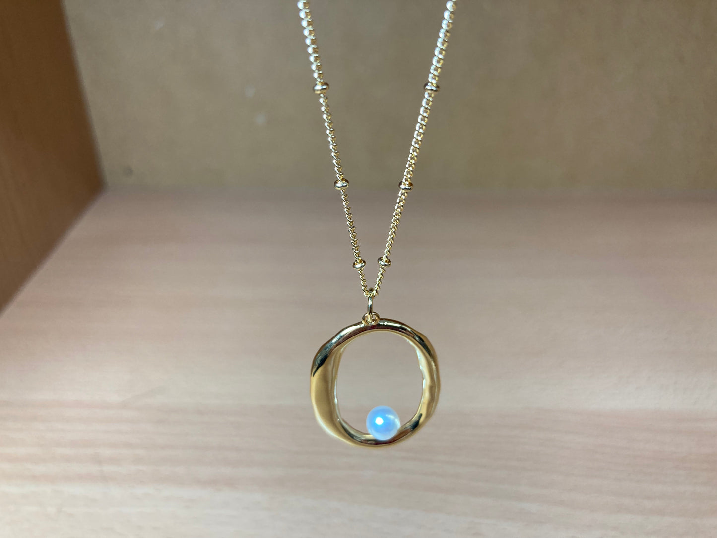 Tiny Treasures Seoul - Gold Oval Pendant Pearl Chain Necklace Close up View 6