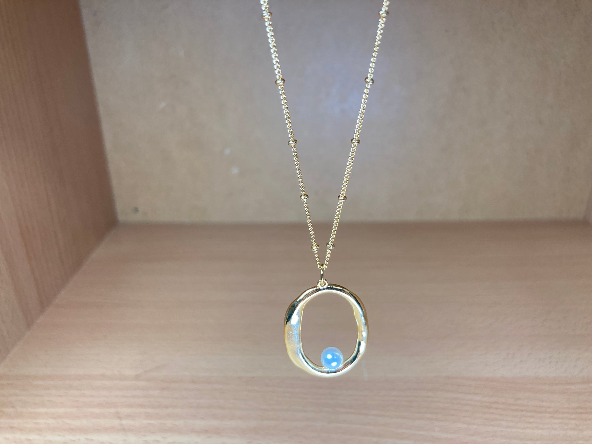 Tiny Treasures Seoul - Gold Oval Pendant Pearl Chain Necklace Close up View 7