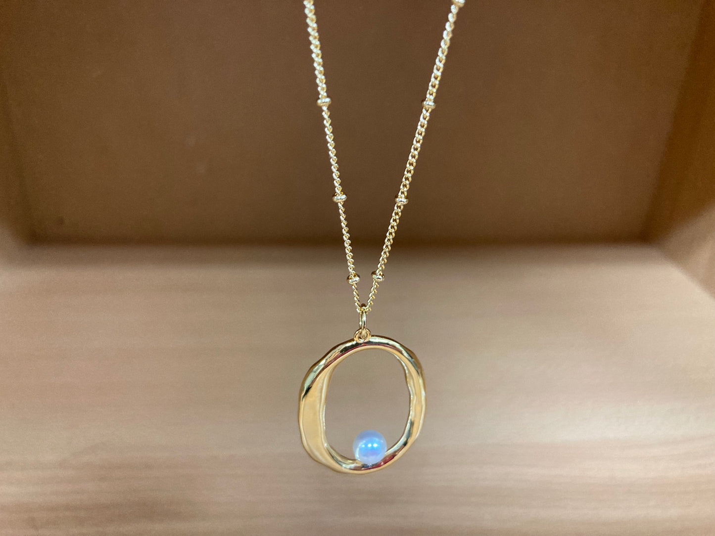 Tiny Treasures Seoul - Gold Oval Pendant Pearl Chain Necklace Close up View 8