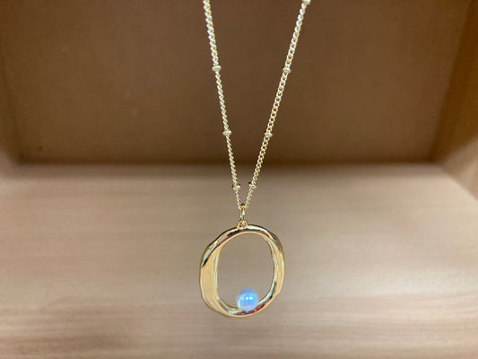 Tiny Treasures Seoul - Gold Oval Pendant Pearl Chain Necklace Close up View 8