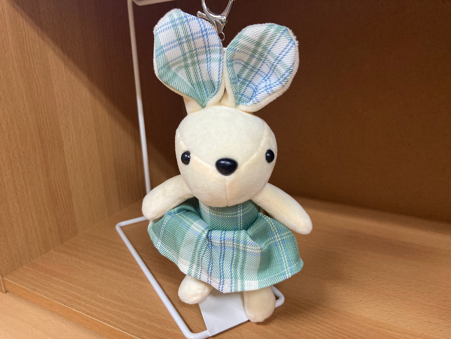 Tiny Treasures Seoul - Mint Plaid Bunny Plush Bag Charm Front View 2
