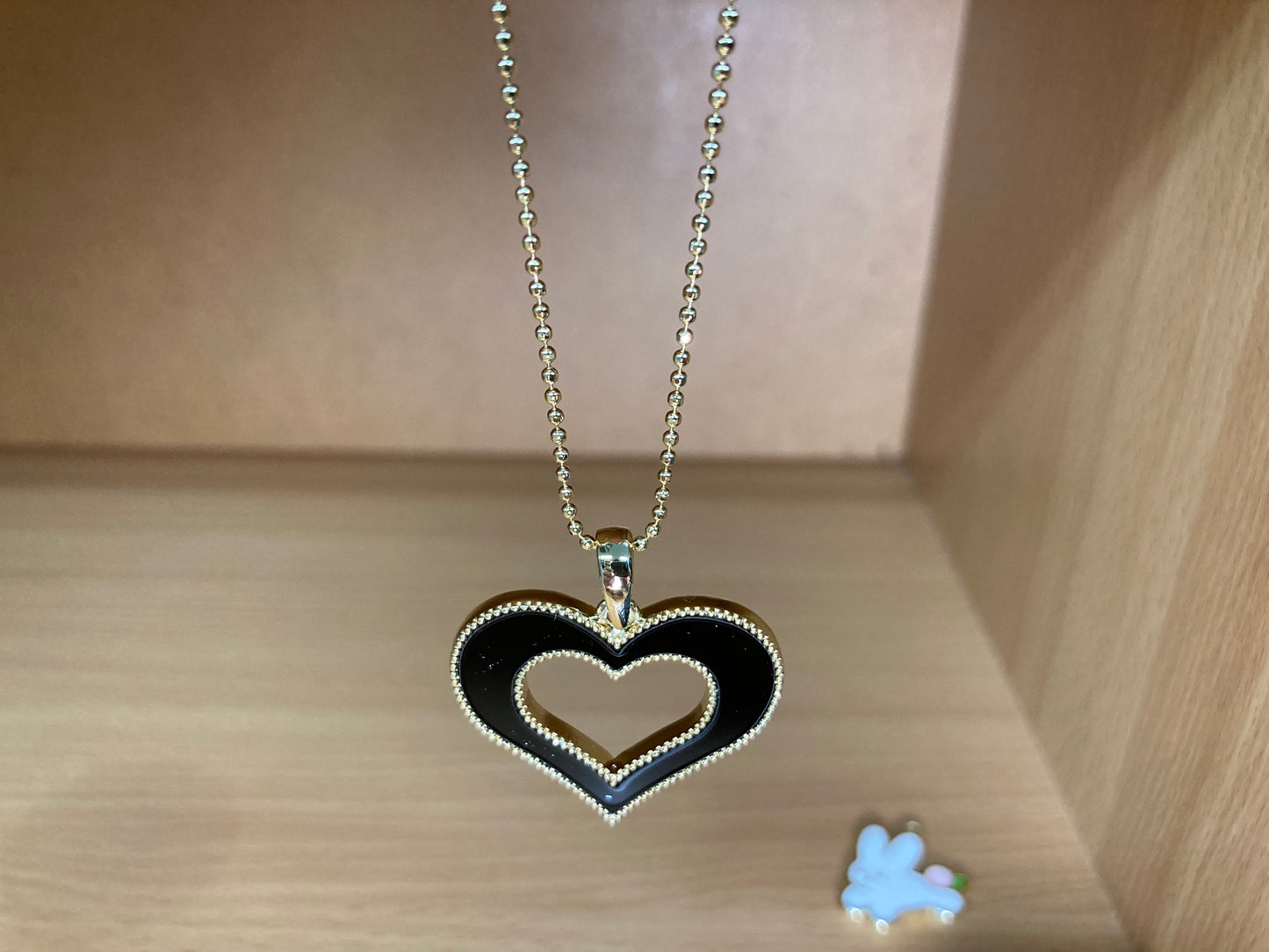 Tiny Treasures Seoul - Open Heart Black Pendant Necklace (Gold) Close up View