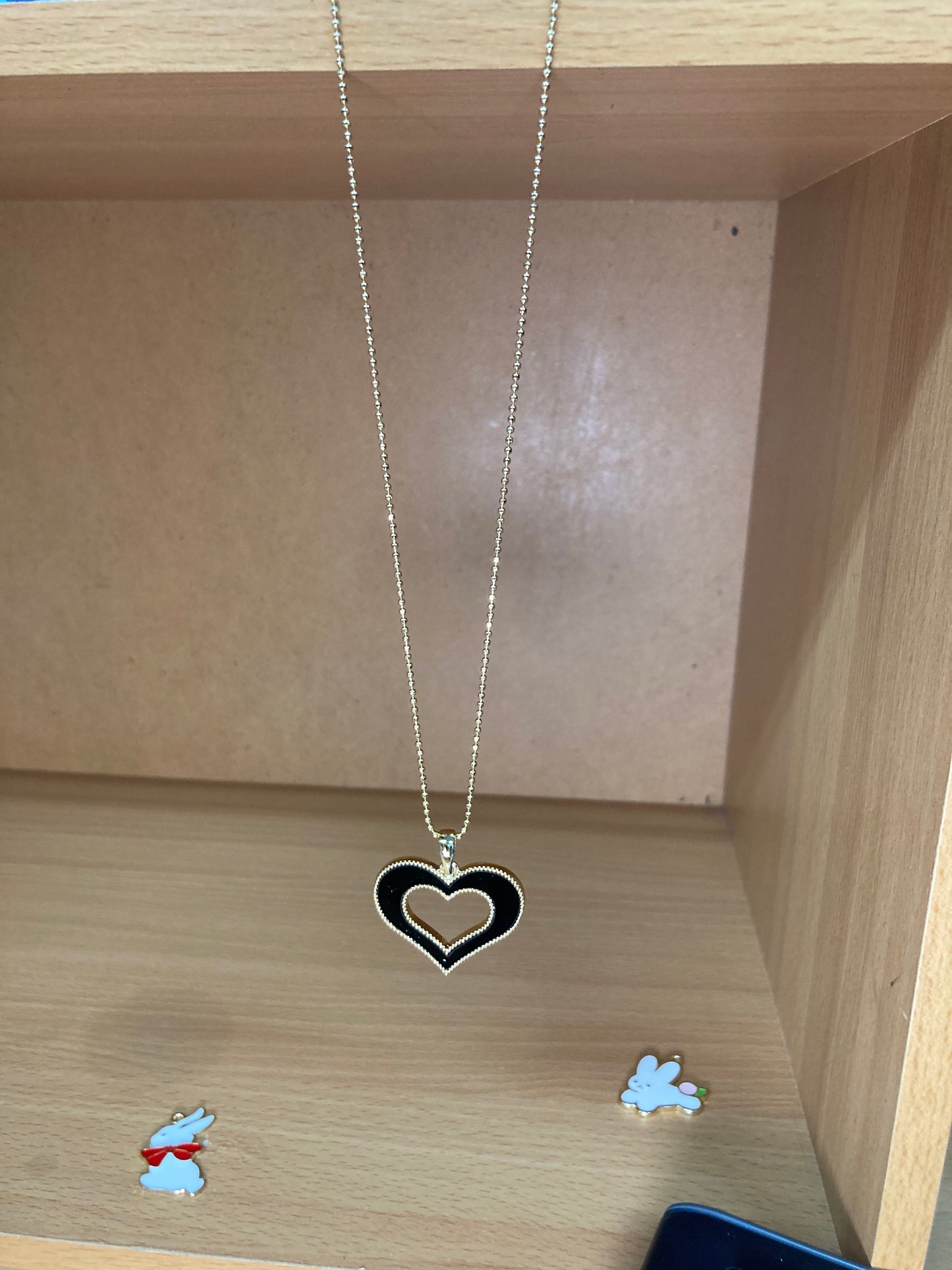 Tiny Treasures Seoul - Open Heart Black Pendant Necklace (Gold) Detail View