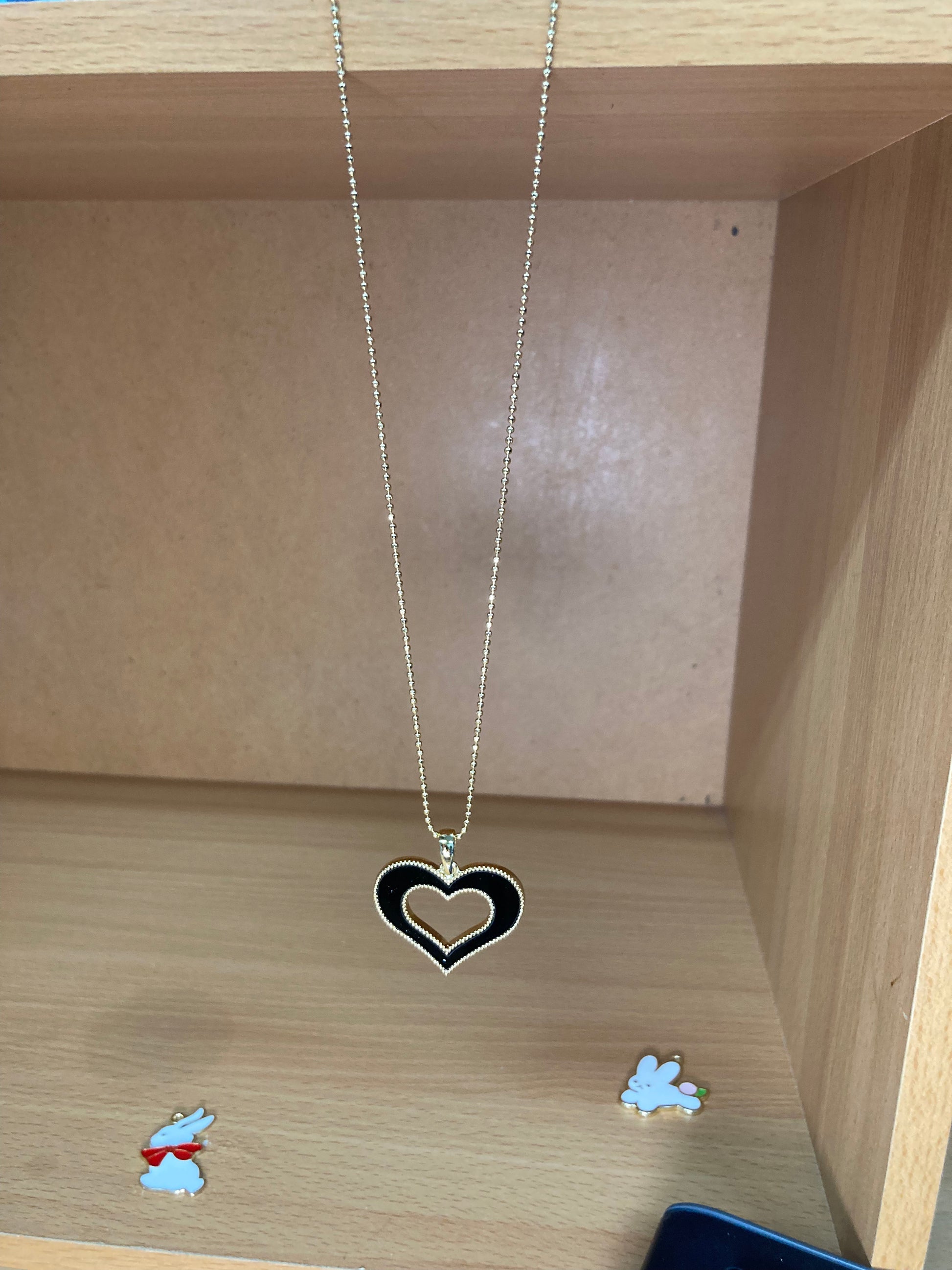 Tiny Treasures Seoul - Open Heart Black Pendant Necklace (Gold) Detail View