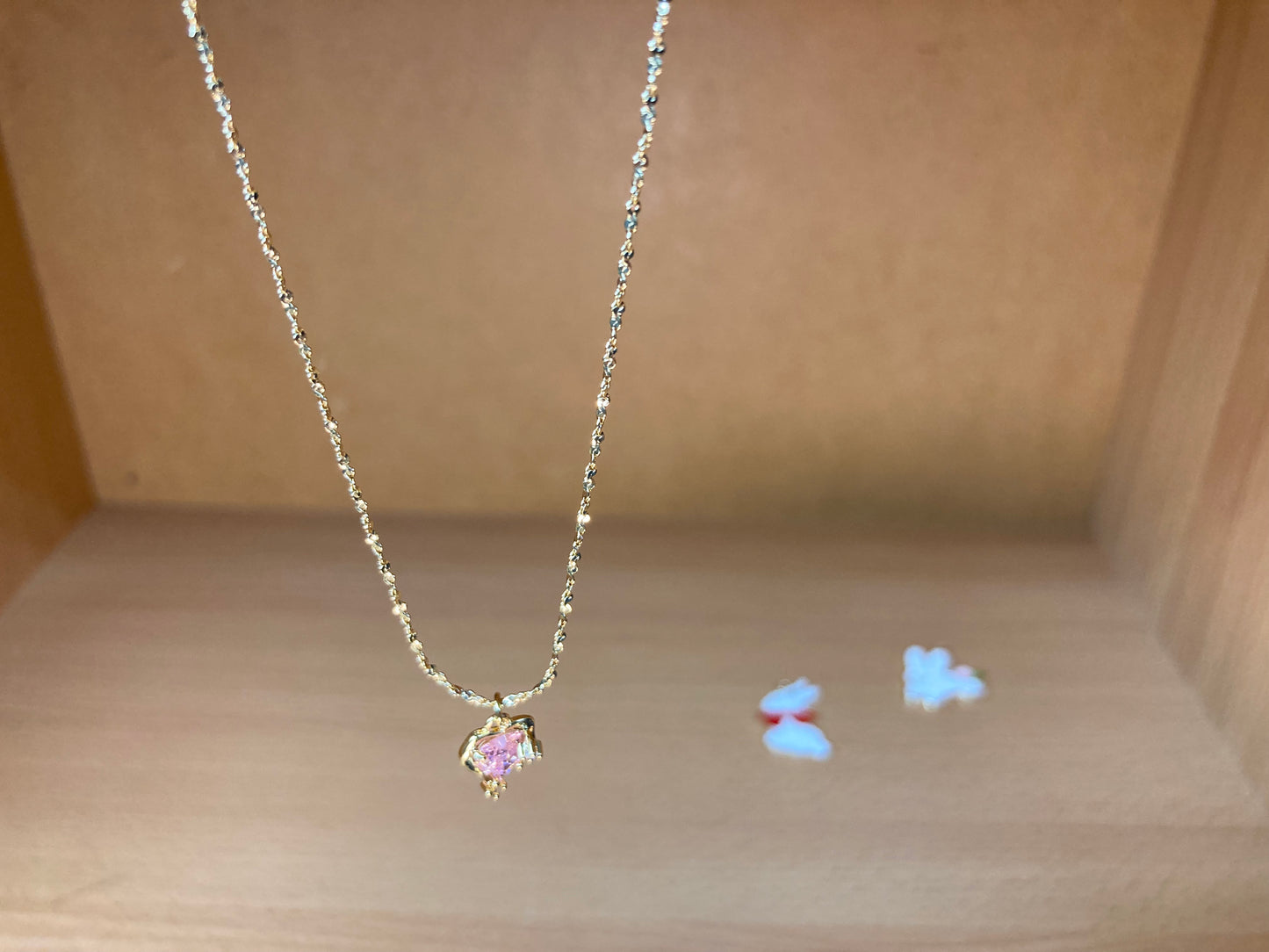 Tiny Treasures Seoul - Pink Cubic Zirconia Heart Necklace (Gold) Close up View