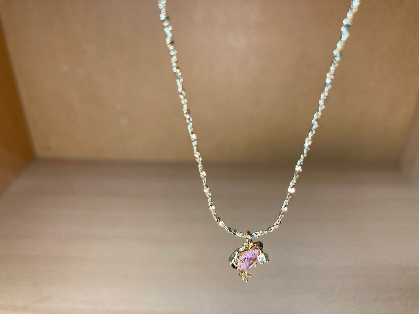 Tiny Treasures Seoul - Pink Cubic Zirconia Heart Necklace (Gold) Detail View