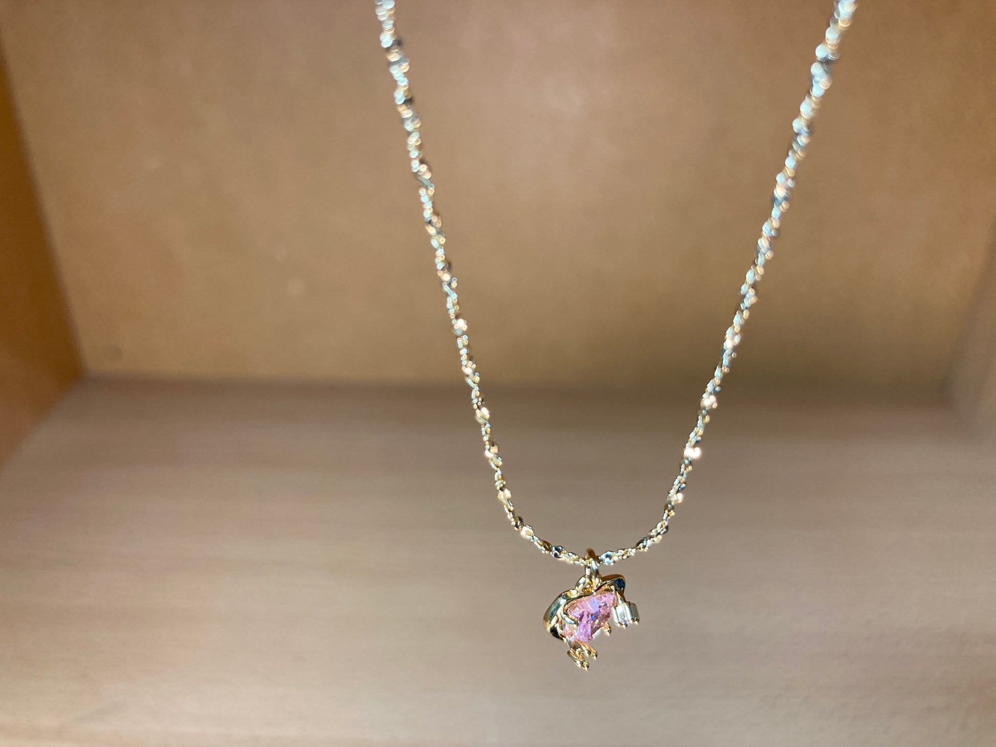 Tiny Treasures Seoul - Pink Cubic Zirconia Heart Necklace (Gold) Detail View