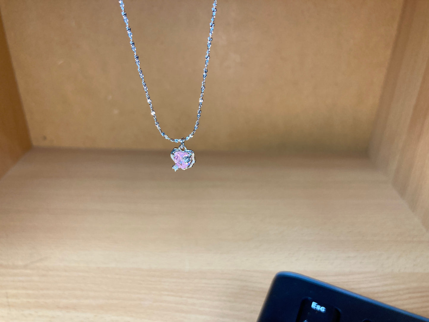Tiny Treasures Seoul - Pink Cubic Zirconia Heart Necklace (Silver) Close up View