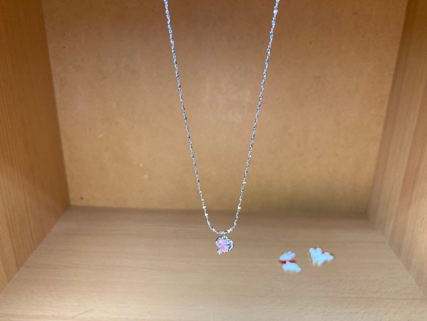 Tiny Treasures Seoul - Pink Cubic Zirconia Heart Necklace (Silver) Side View