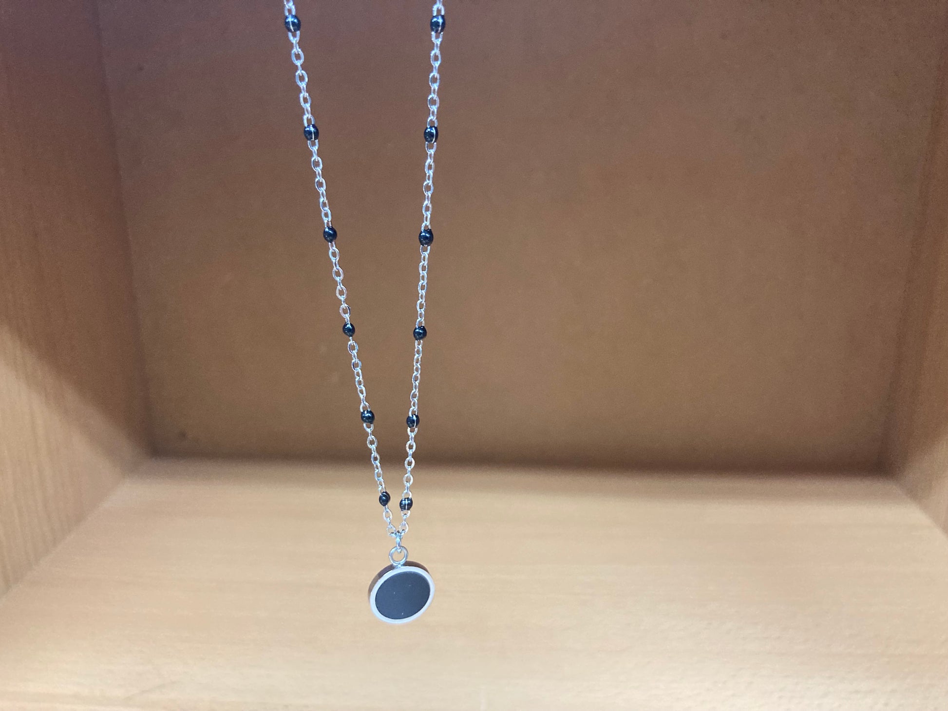 Tiny Treasures Seoul - Round Black Disc Pendant Beaded Spaced Chain Surgical Steel Necklace