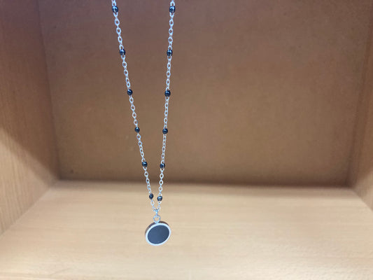 Round Black Disc Pendant Beaded Spaced Chain Surgical Steel Necklace