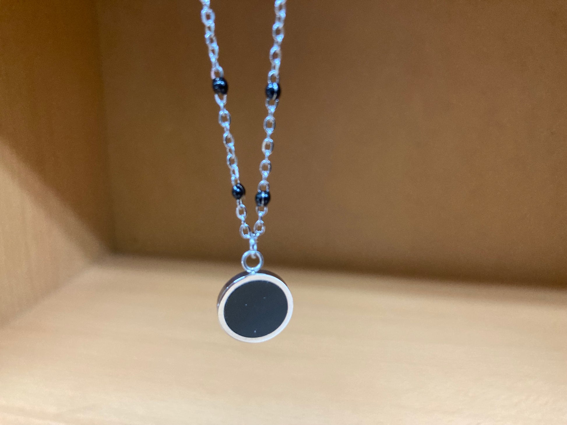 Tiny Treasures Seoul - Round Black Disc Pendant Beaded Spaced Chain Surgical Steel Necklace