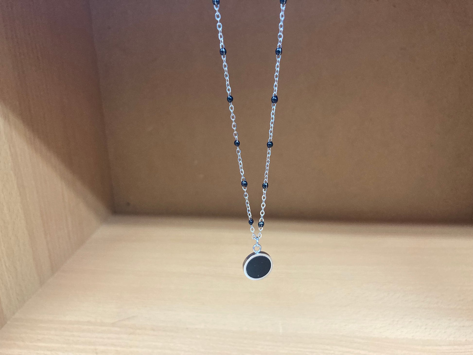 Tiny Treasures Seoul - Round Black Disc Pendant Beaded Spaced Chain Surgical Steel Necklace