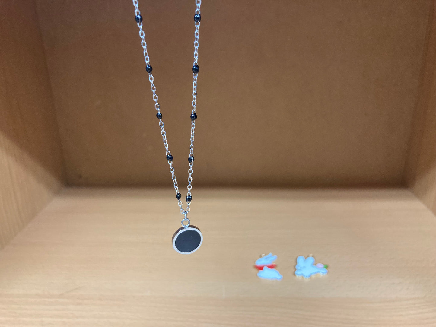 Tiny Treasures Seoul - Round Black Disc Pendant Beaded Spaced Chain Surgical Steel Necklace