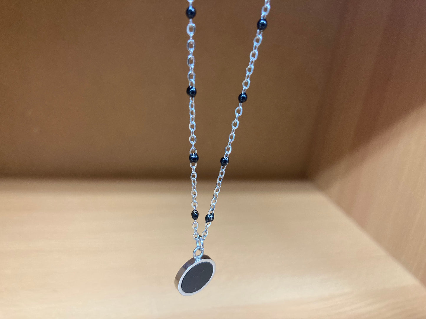 Tiny Treasures Seoul - Round Black Disc Pendant Beaded Spaced Chain Surgical Steel Necklace