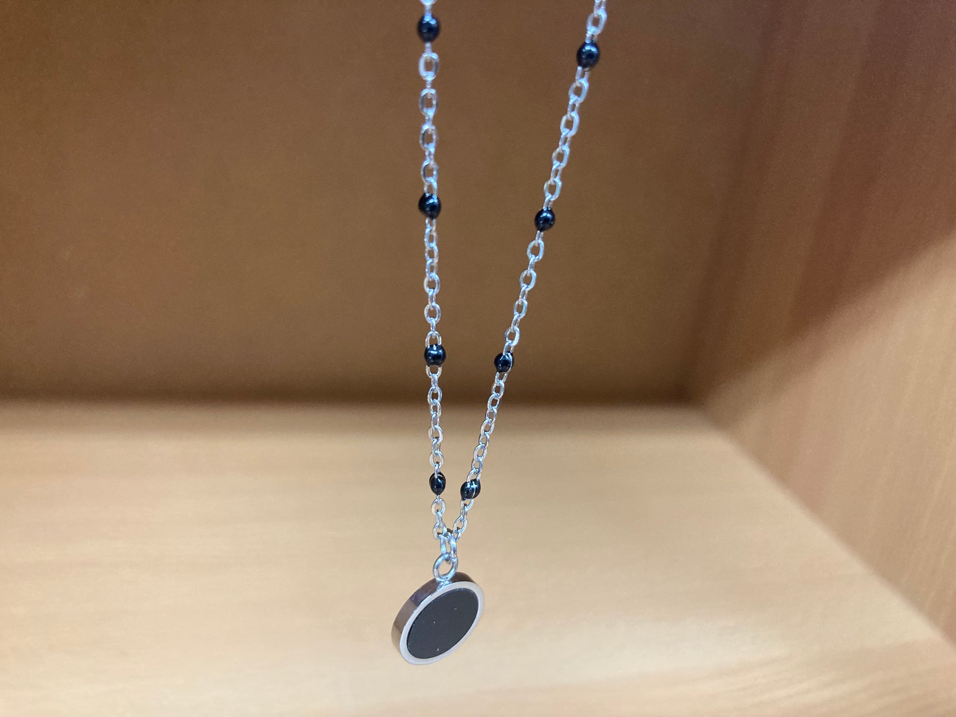 Tiny Treasures Seoul - Round Black Disc Pendant Beaded Spaced Chain Surgical Steel Necklace