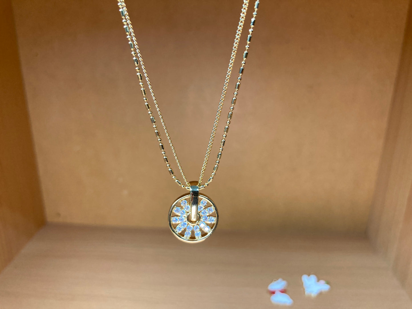 Tiny Treasures Seoul - Sunburst Double Chain Pendant Necklace (Gold) Close up View