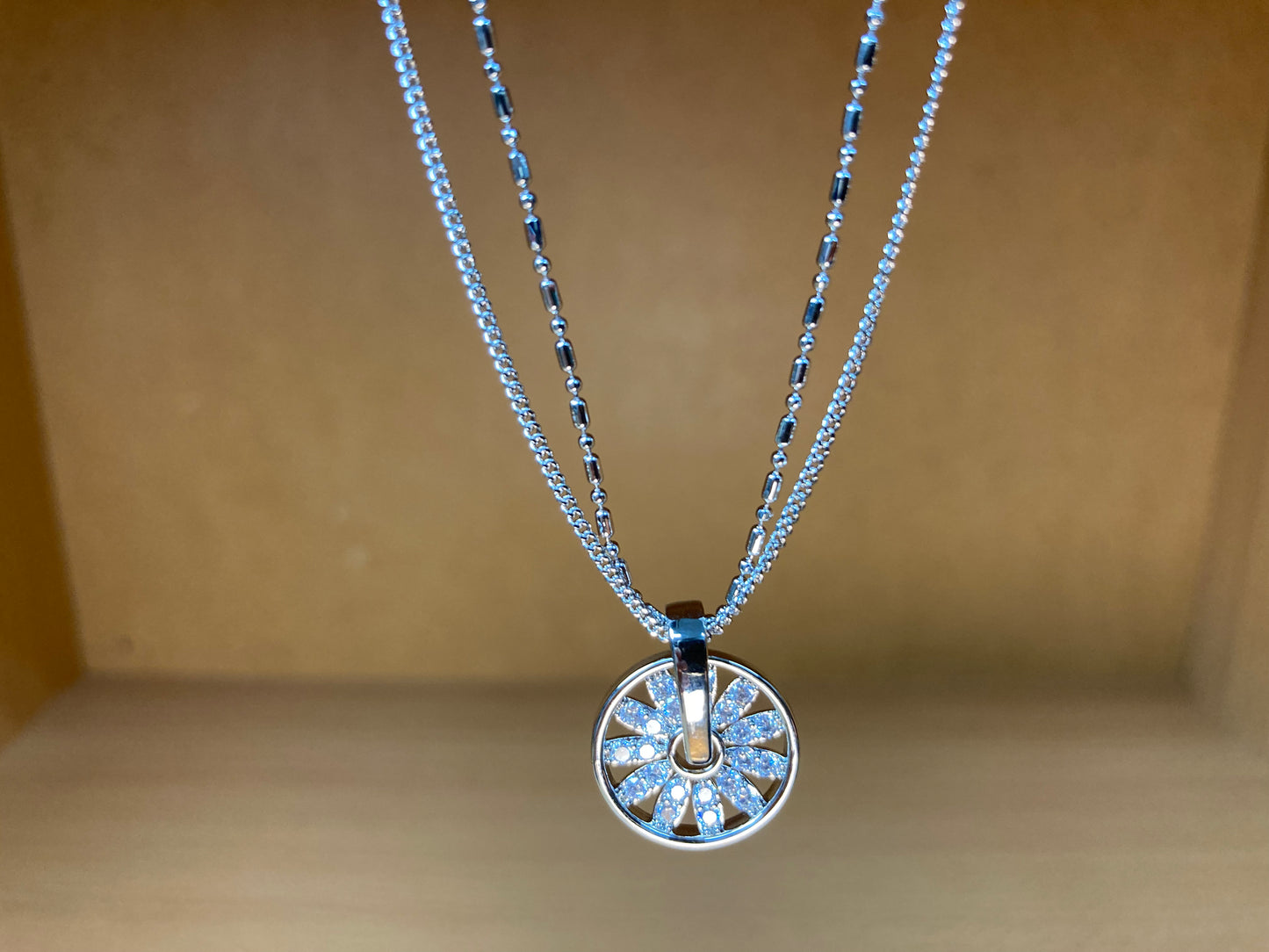 Tiny Treasures Seoul - Sunburst Double Chain Pendant Necklace (Silver) Close up View