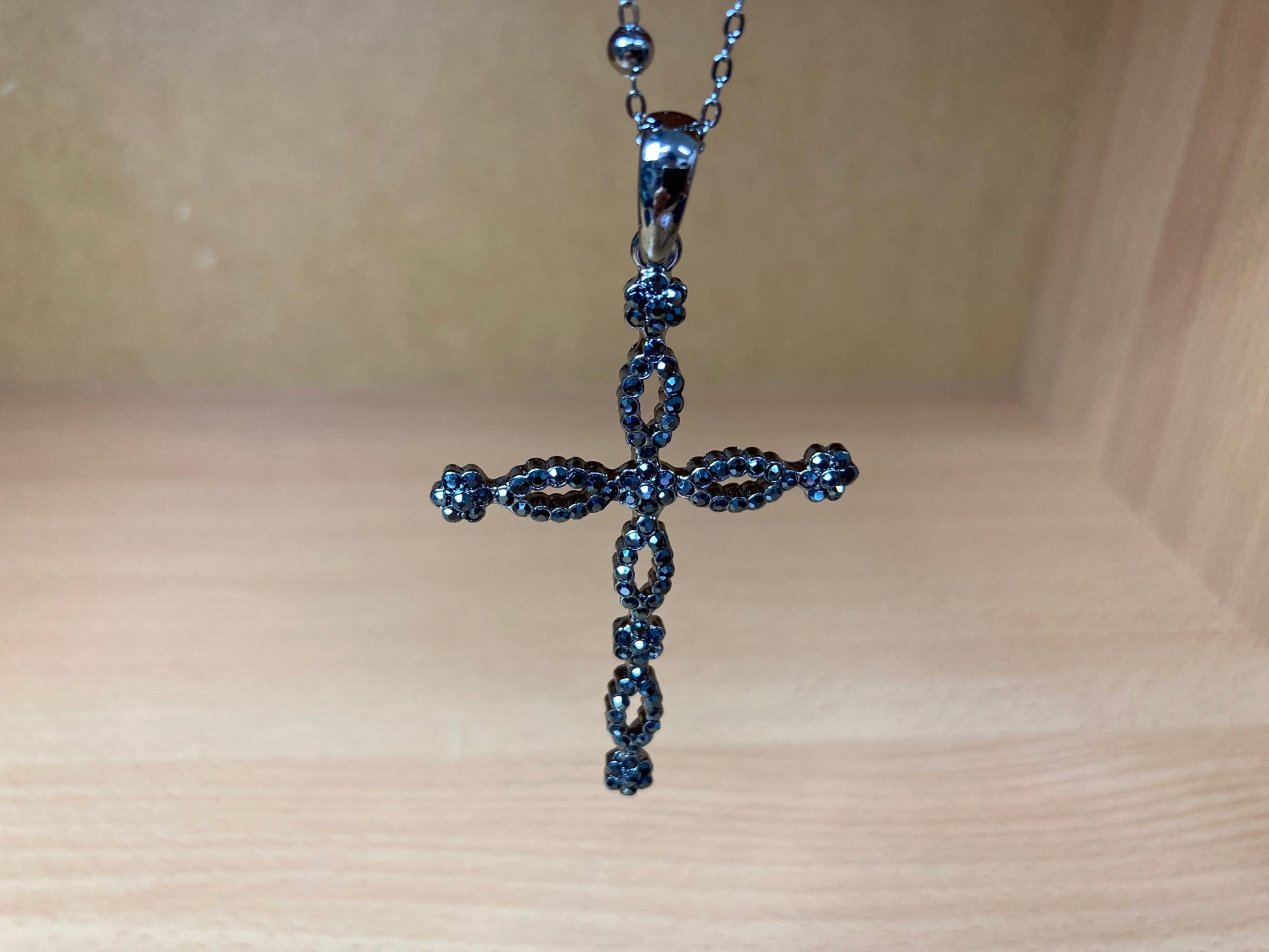Tiny Treasures Seoul - Swarovski Hematite Crystal Cross Pendant Necklace Close up View