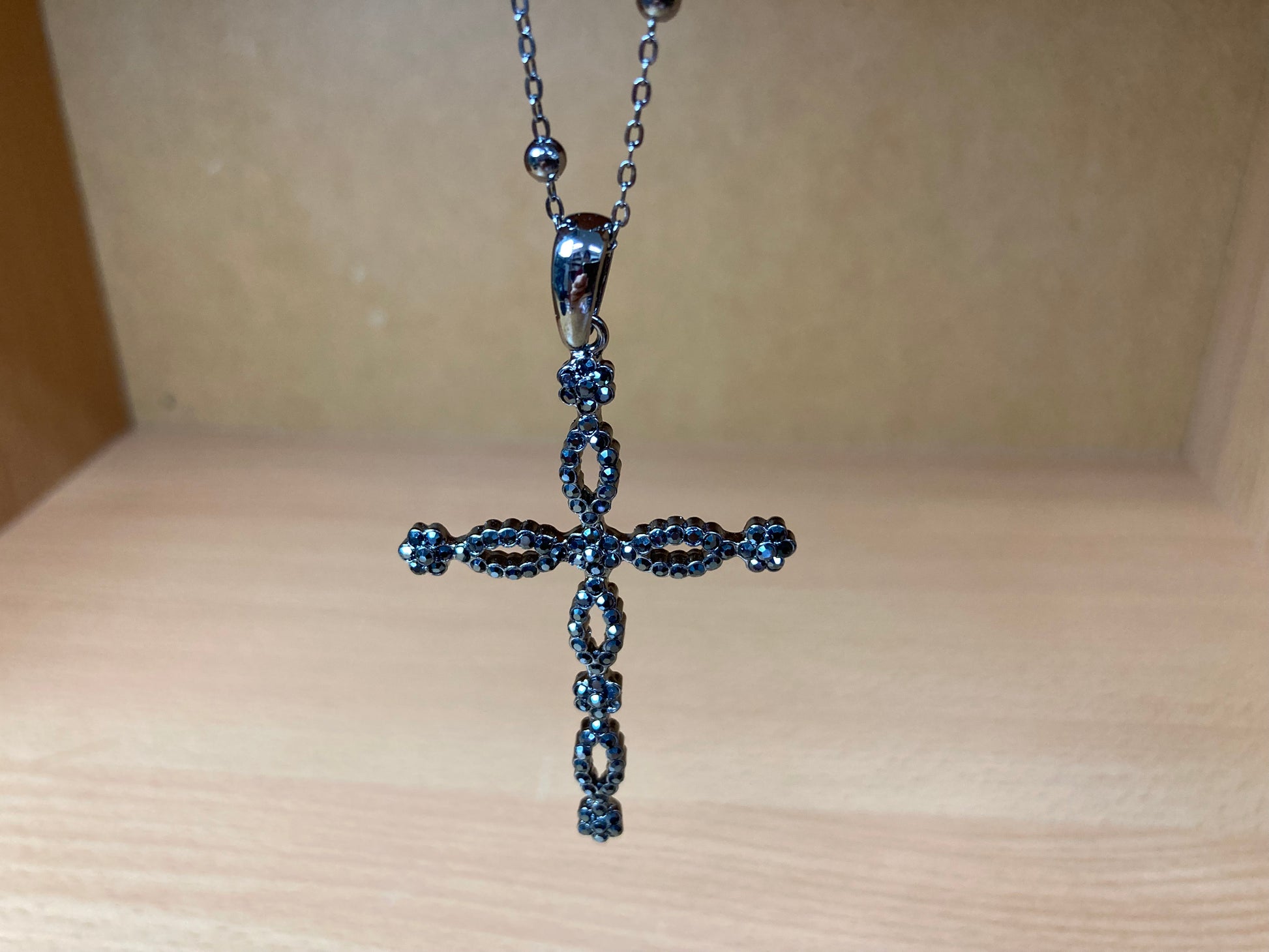 Tiny Treasures Seoul - Swarovski Hematite Crystal Cross Pendant Necklace Close up View 2
