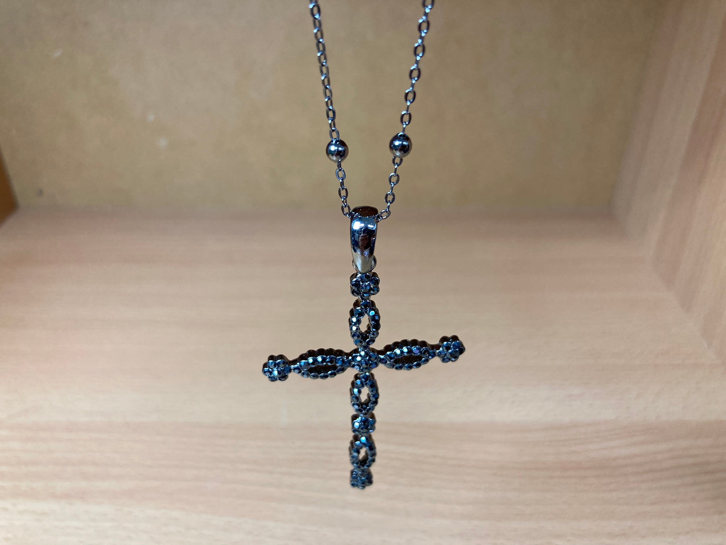 Tiny Treasures Seoul - Swarovski Hematite Crystal Cross Pendant Necklace Close up View 4