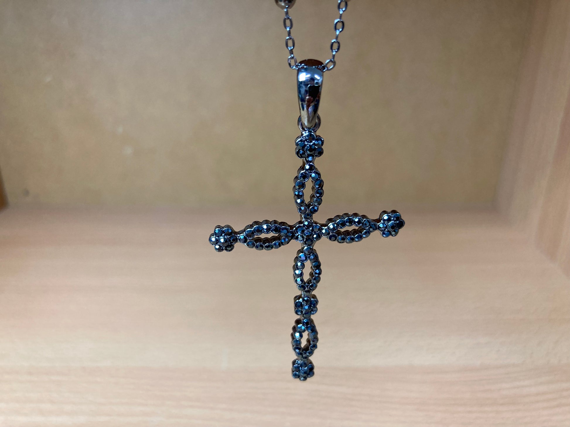 Tiny Treasures Seoul - Swarovski Hematite Crystal Cross Pendant Necklace Close up View 5