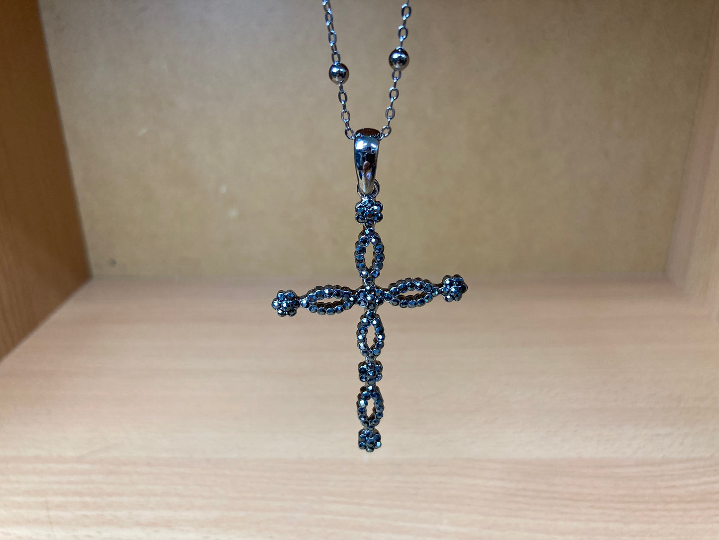 Tiny Treasures Seoul - Swarovski Hematite Crystal Cross Pendant Necklace Close up View 8