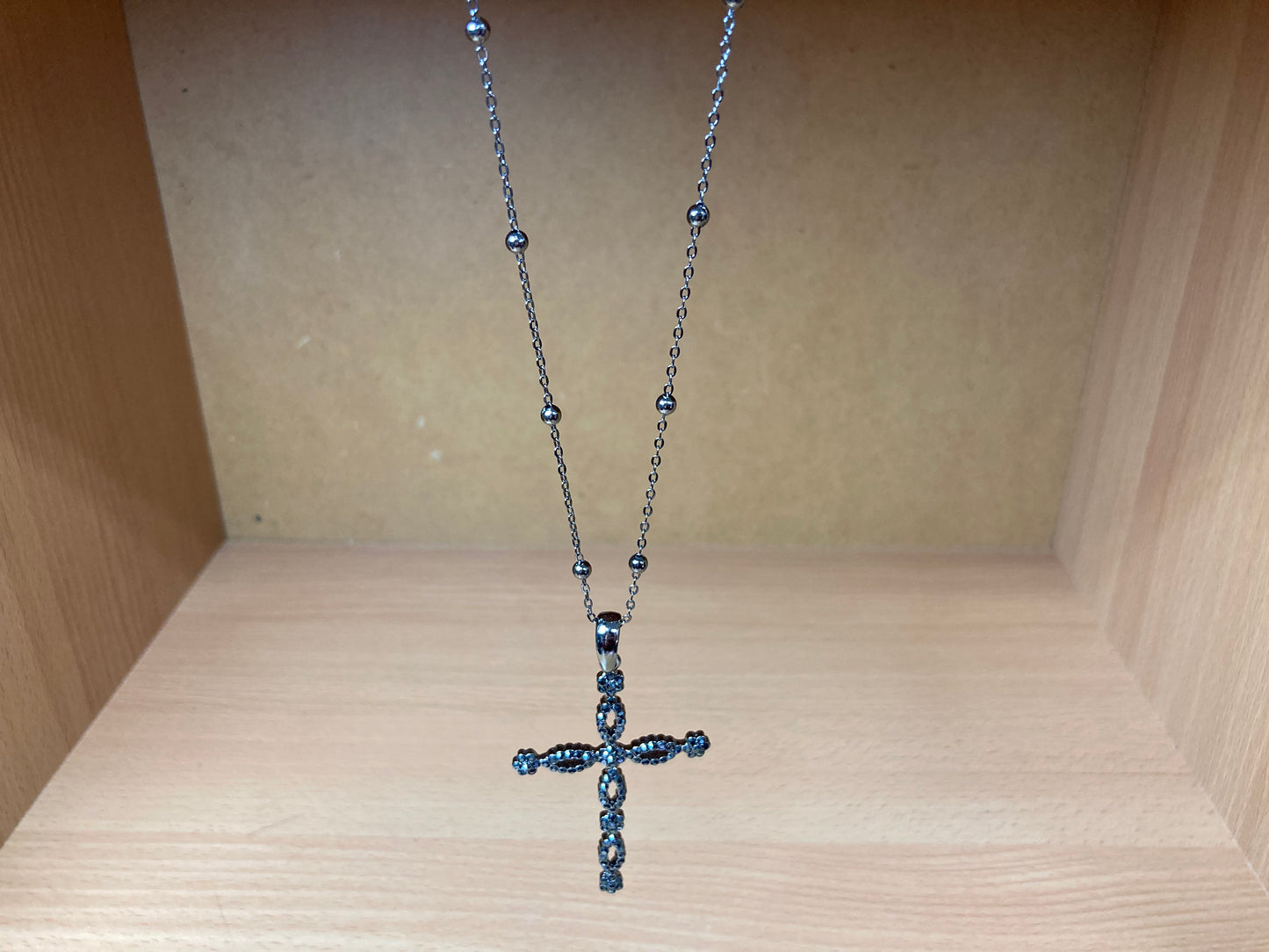 Tiny Treasures Seoul - Swarovski Hematite Crystal Cross Pendant Necklace Down View