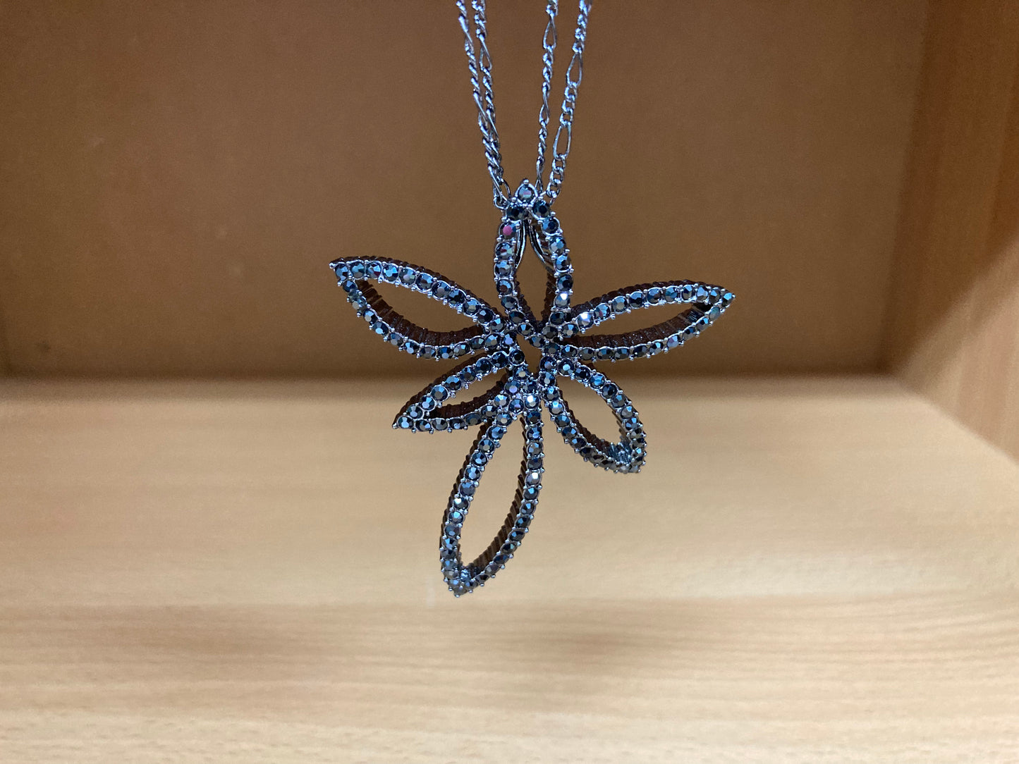 Tiny Treasures Seoul - Swarovski Hematite Crystal Double Chain Flower Pendant Necklace Close up View 2