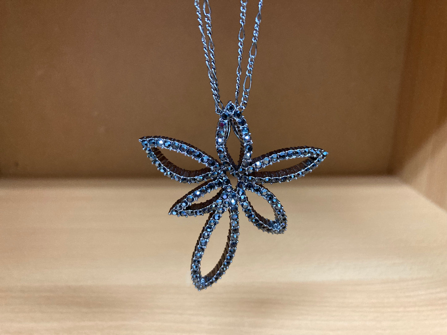 Tiny Treasures Seoul - Swarovski Hematite Crystal Double Chain Flower Pendant Necklace Close up View 3