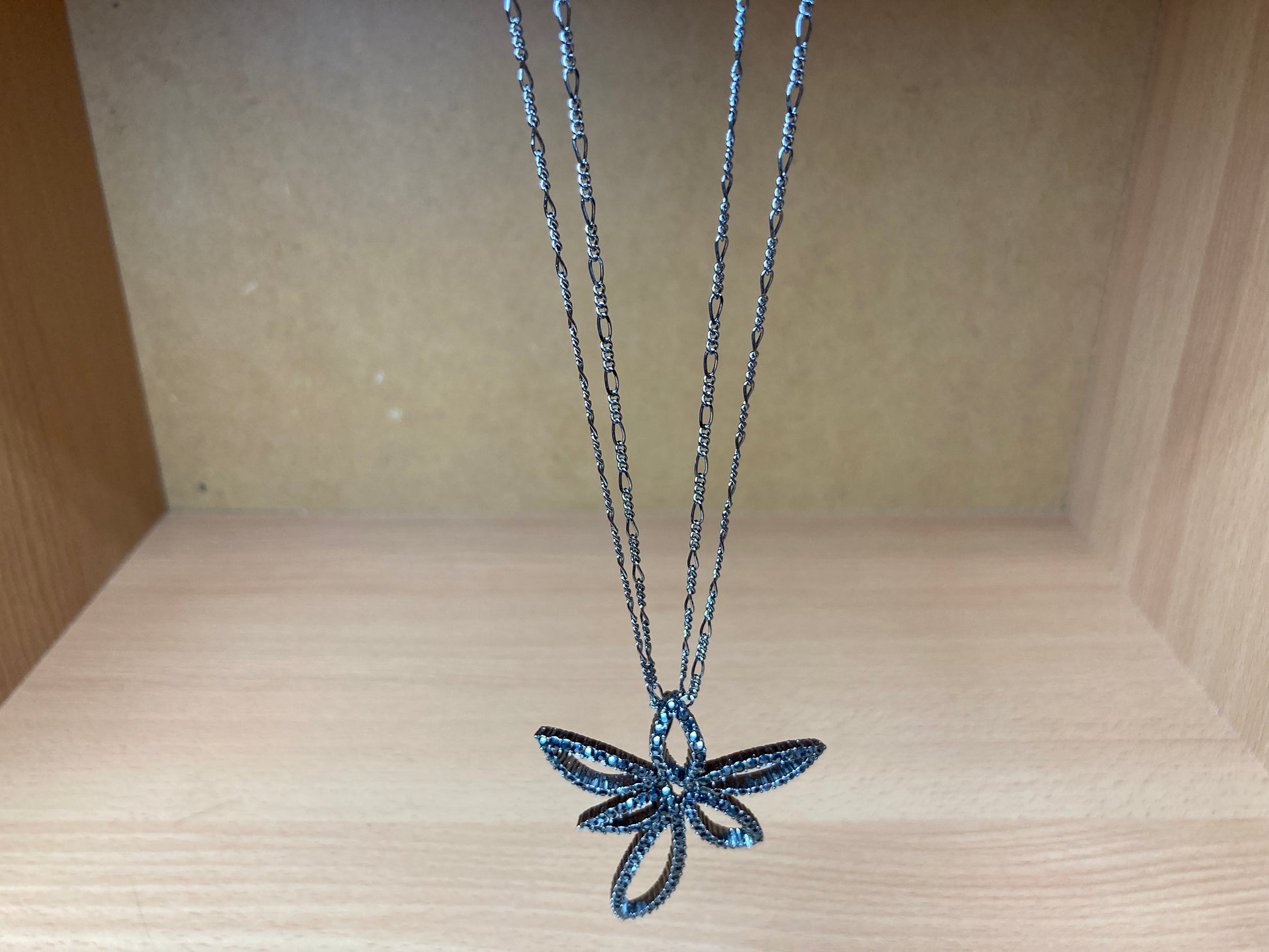 Tiny Treasures Seoul - Swarovski Hematite Crystal Double Chain Flower Pendant Necklace Front View 3