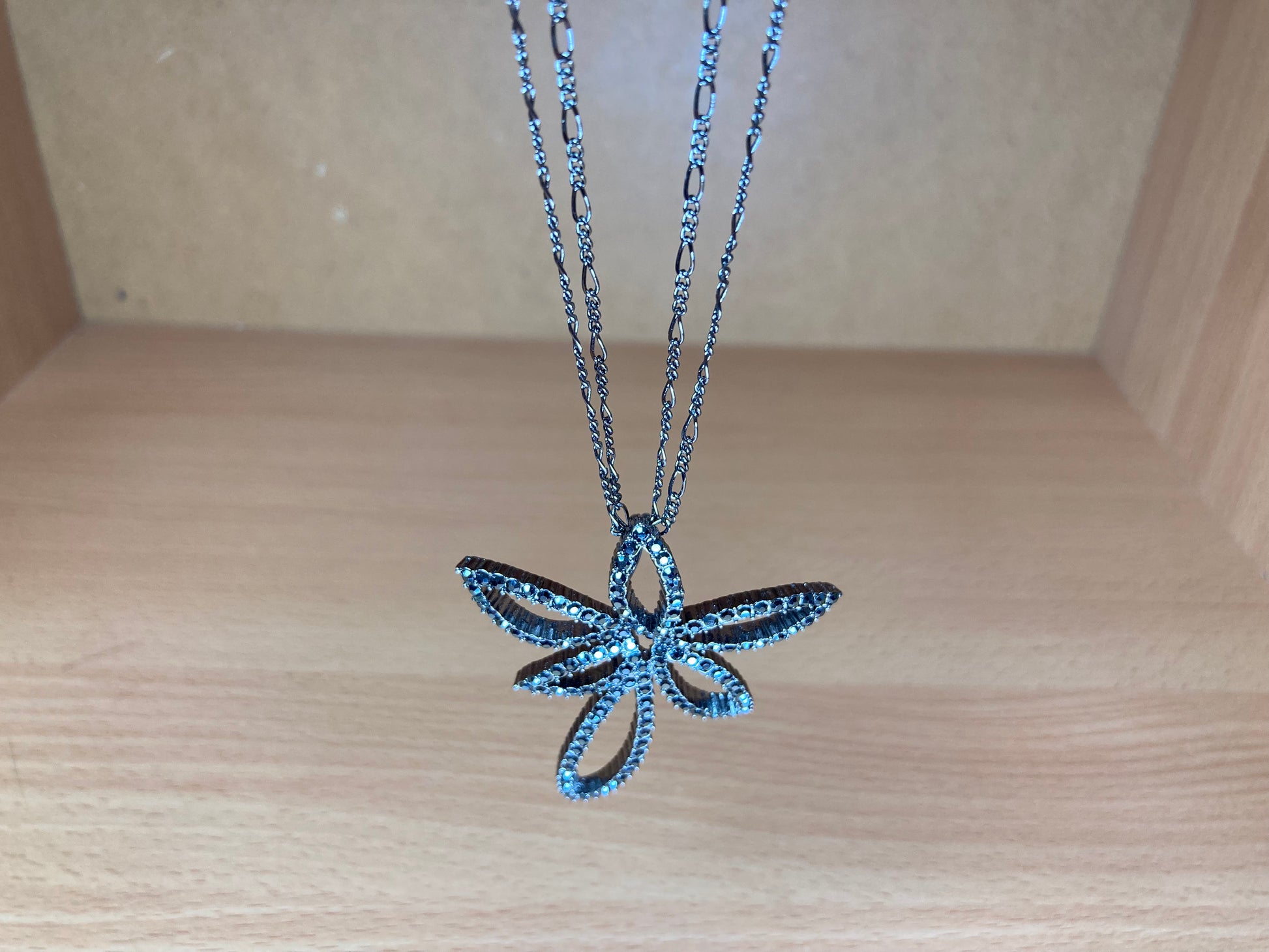Tiny Treasures Seoul - Swarovski Hematite Crystal Double Chain Flower Pendant Necklace Front View 6
