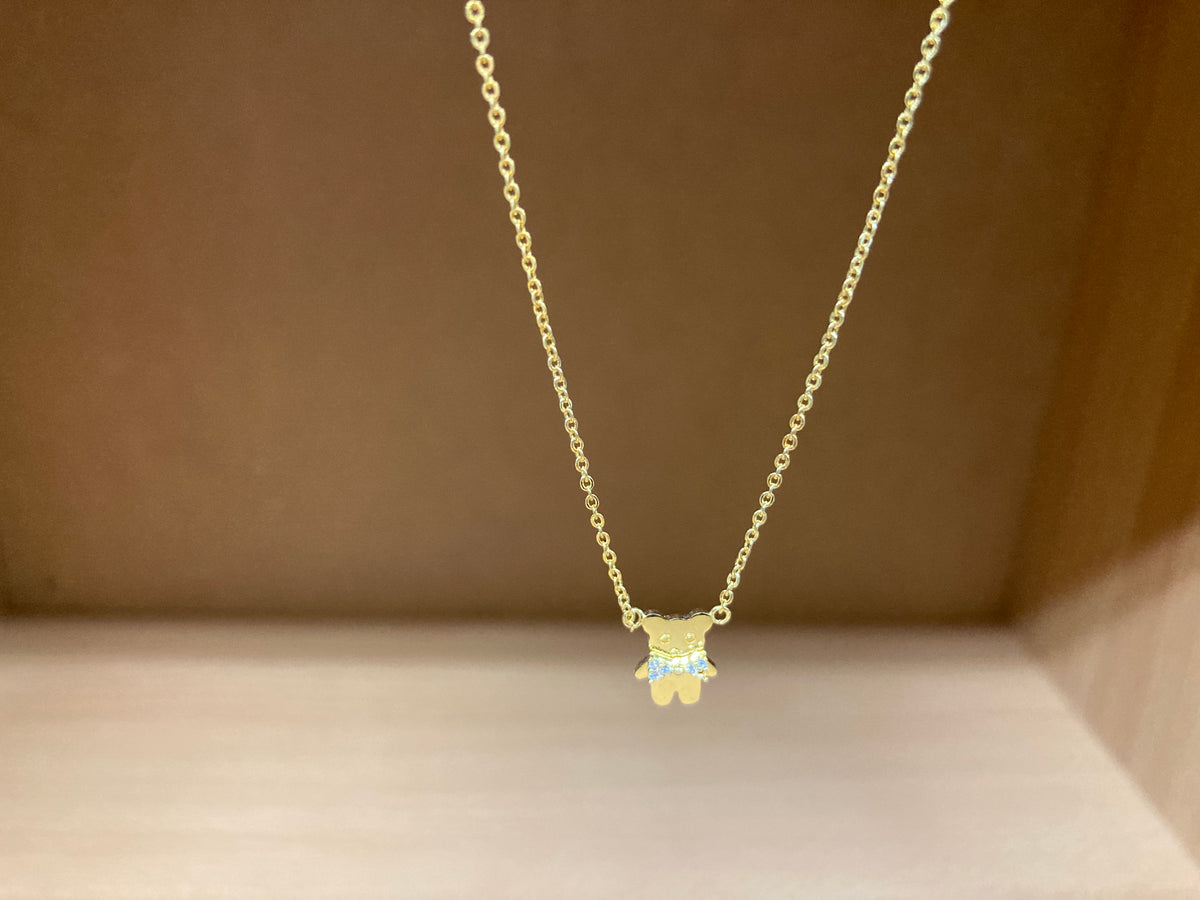 Tiny Treasures Seoul - Teddy Bear Stone Ribbon Necklace (Gold) 